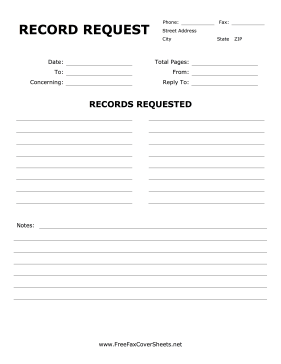 Record Request Fax Cover Sheet