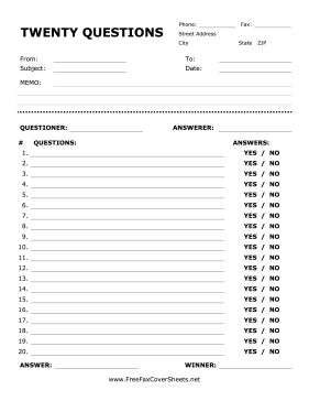 Twenty Questions Fax Cover Sheet