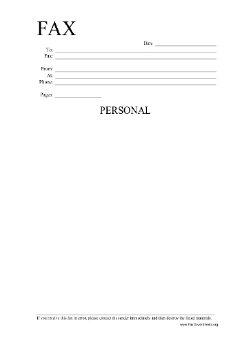 Personal Information Fax Cover Sheet